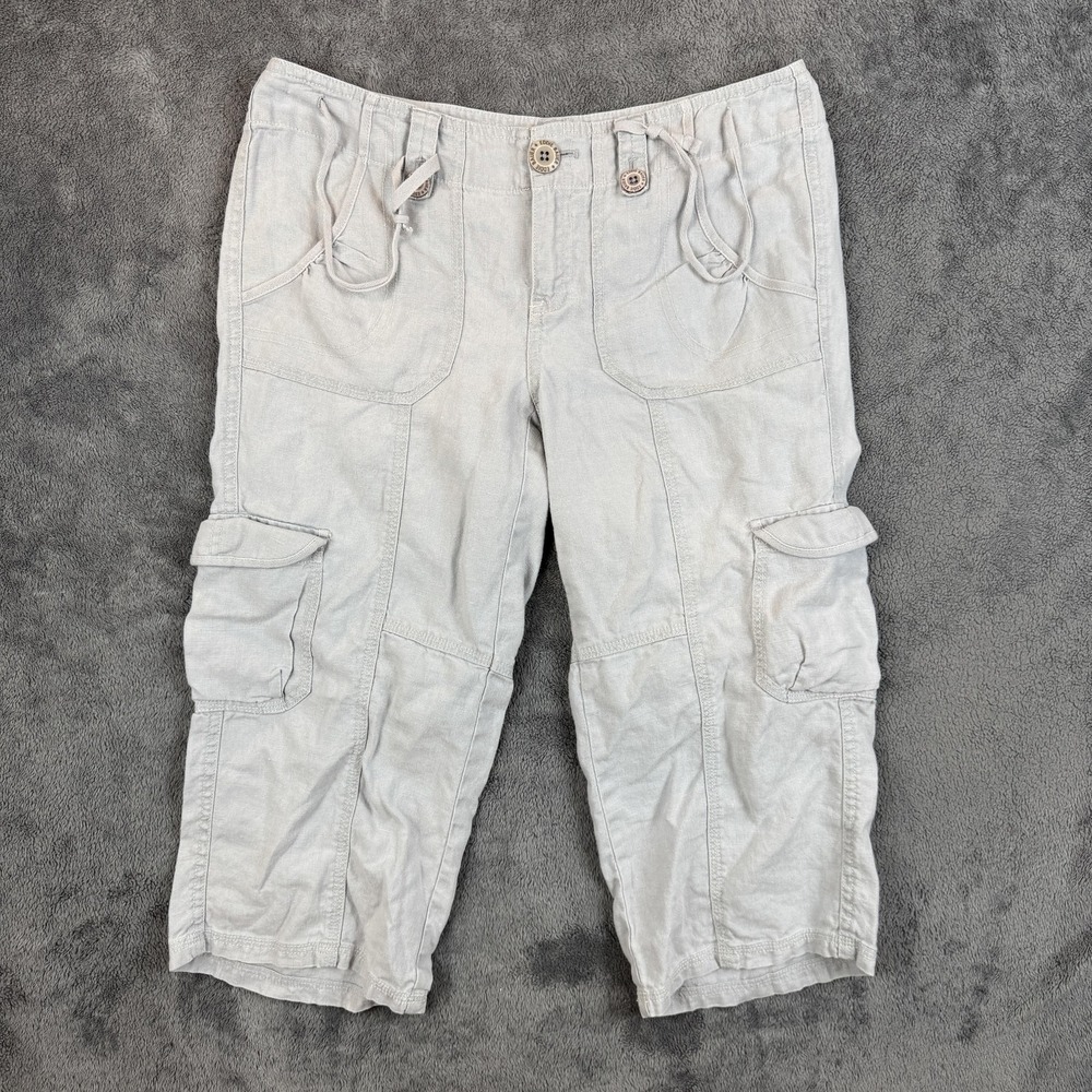 Eddie Bauer Cargo Capri Pants‎ Womens 6P Gray 100% Linen Petite Outdoor Cropped